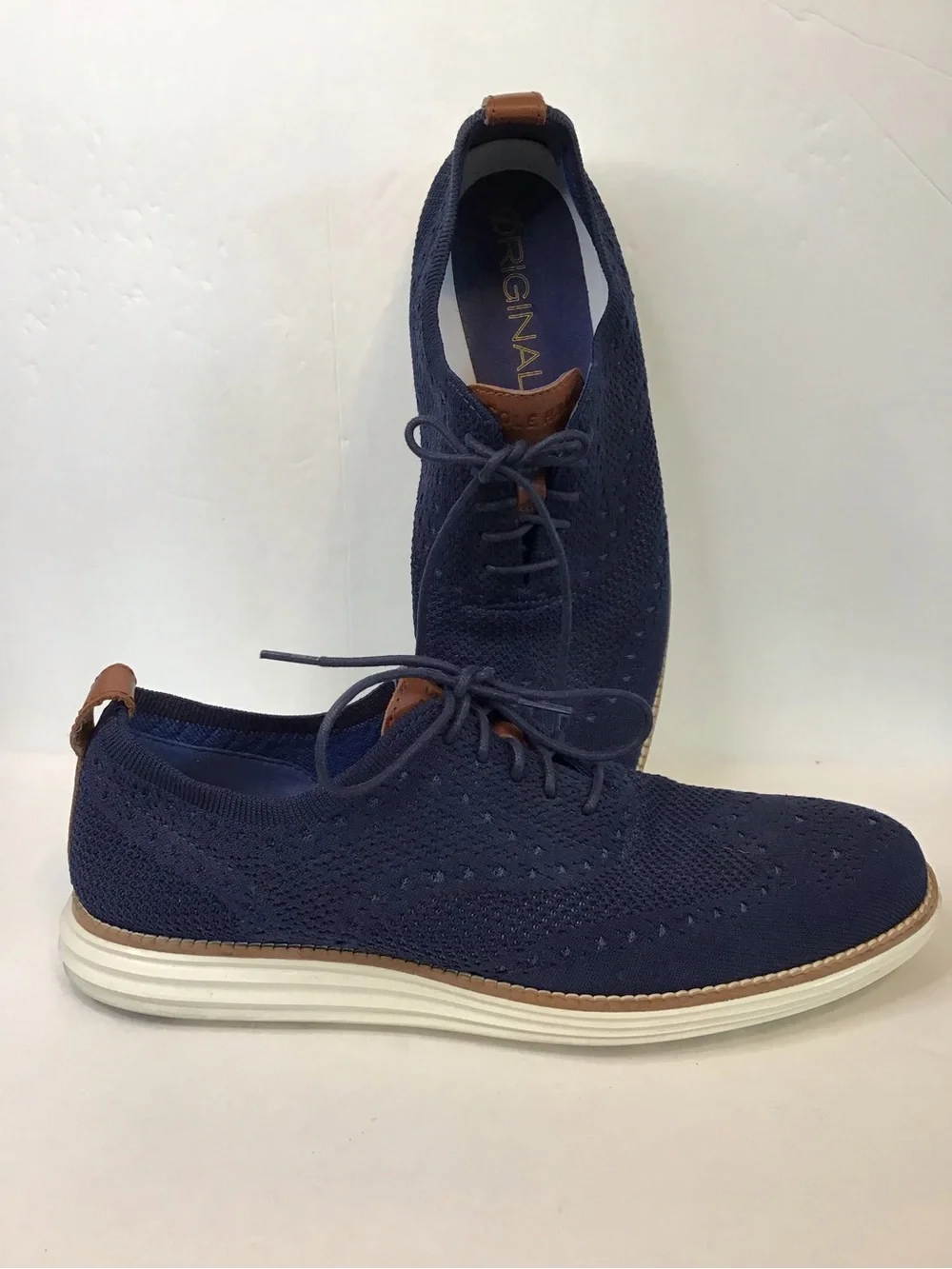 Cole Haan Men's Navy Knit Lace-Up Oxfords with Brown Trim 9.5